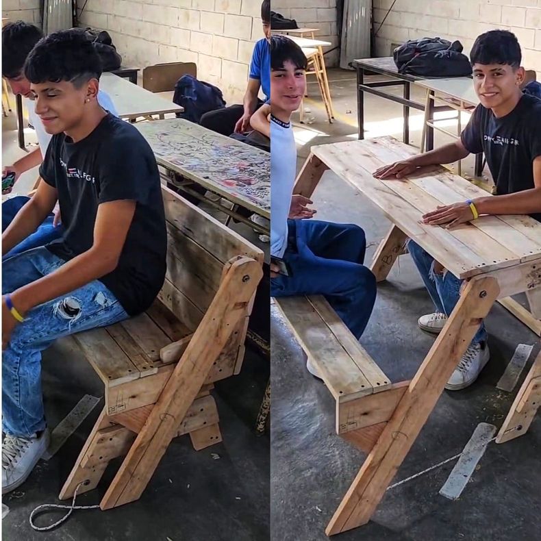 Banco plegable que tambi&eacute;n se convierte en mesa tipo camping.