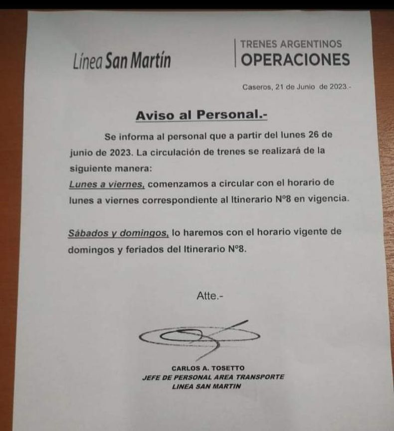 El mensaje para los trabajadores del tren San Mart&iacute;n.