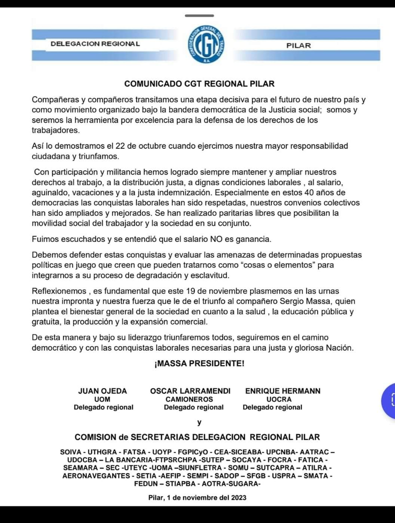 El comunicado de la CGT PIlar.