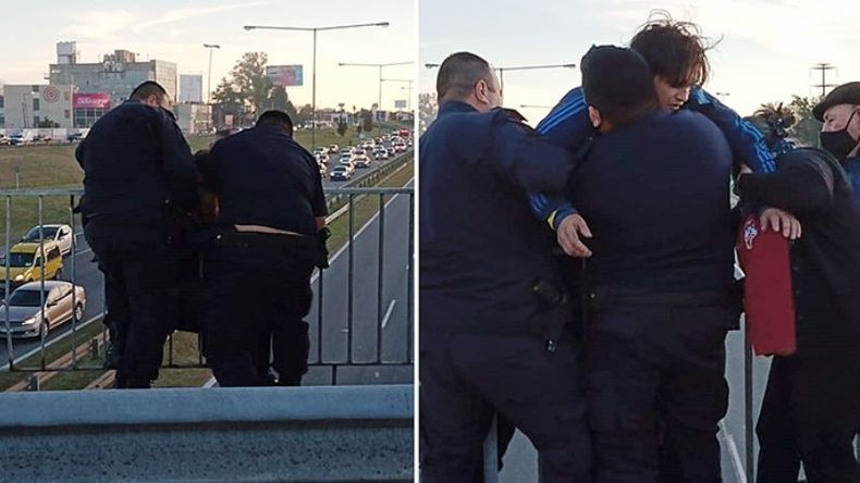 TENSIÓN. Momento en que los policías rescatan, por segunda vez al hombre que intentaba quitarse la vida..