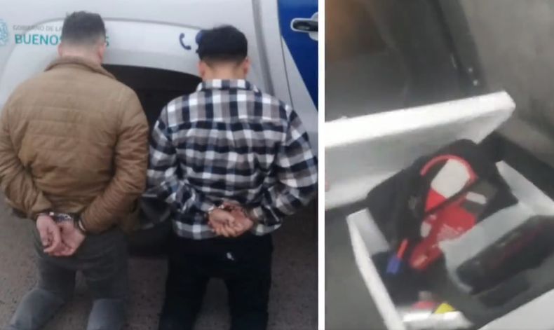 Los detenidos y los inhibidores hallados en la camioneta.