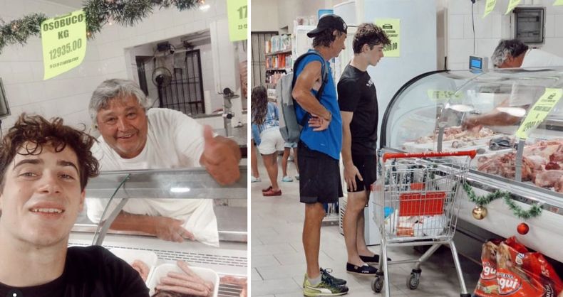 Colapinto y el carnicero Franco en shorts y alpargatas eligiendo la compra con su pap Anbal