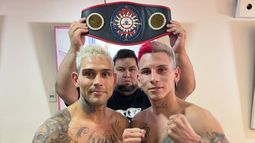 Yoel Peralta y Baltazar Noria en el pesaje de Montevideo con el cinturón en disputa.