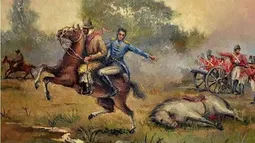 PINTURA. Recrea el acto heroico de Lorenzo López cargando en su caballo a Pueyrredón.