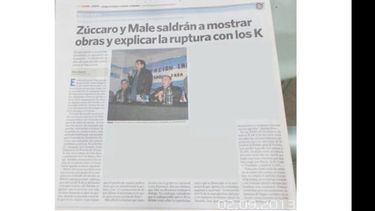 Página en blanco. La foto fue subida a su cuenta de Facebook por el candidato zuccarista Ricardo Male. Muestra una nota aparecida en el diario Clarín que da cuenta de su triunfo electoral. Pero el candidato se ocupó de borrar prolijamente la parte de la página que no lo menciona, formando esa especie de Z invertida que se ve en la imagen. No sea cosa que se vea que, además de él, hubo otros candidatos como Lagomarsino y Ducoté que dan título a las notas omitidas..