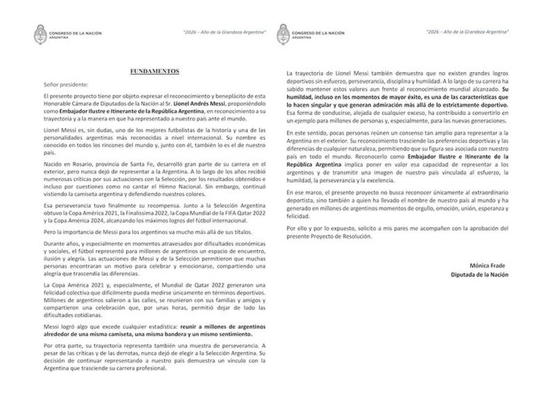 El proyecto para declarar a Messi embajador ilustre e itinerante. (Olé).