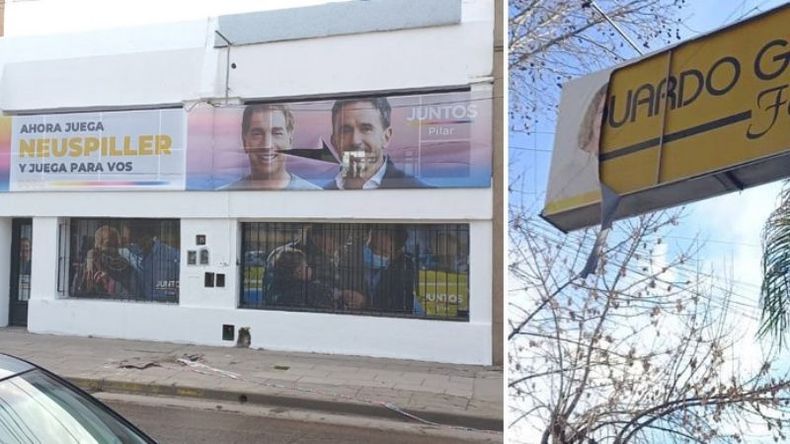 ROTOS. Un cartel de Neuspiller y otro de Leguizamón dañados en el centro..