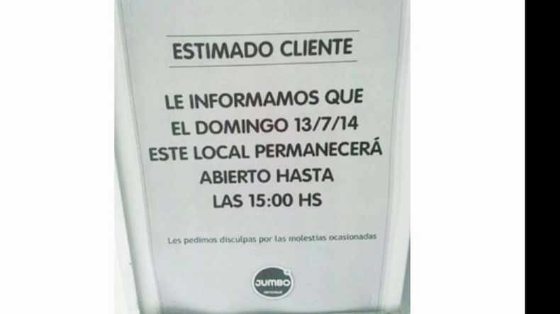 El hipermercado Jumbo comunicó que estará cerrado durante el partido..