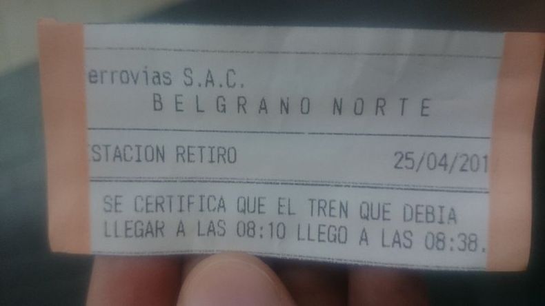 Comprobante de demora solicitado por un pasajero del Belgrano Norte, esta mañana..