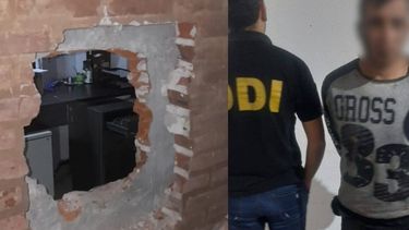 El boquete realizado por los delincuentes y el hasta ahora único detenido.