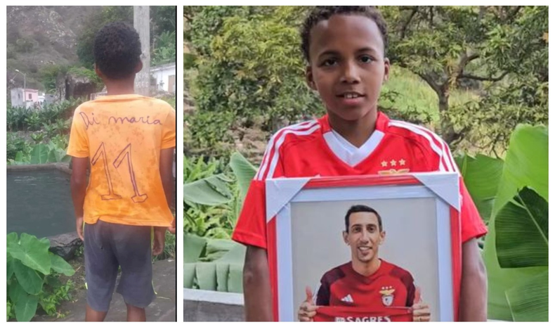 La imagen que emocionó a Di María y el niño con los regalos que le envió. (Olé)..png