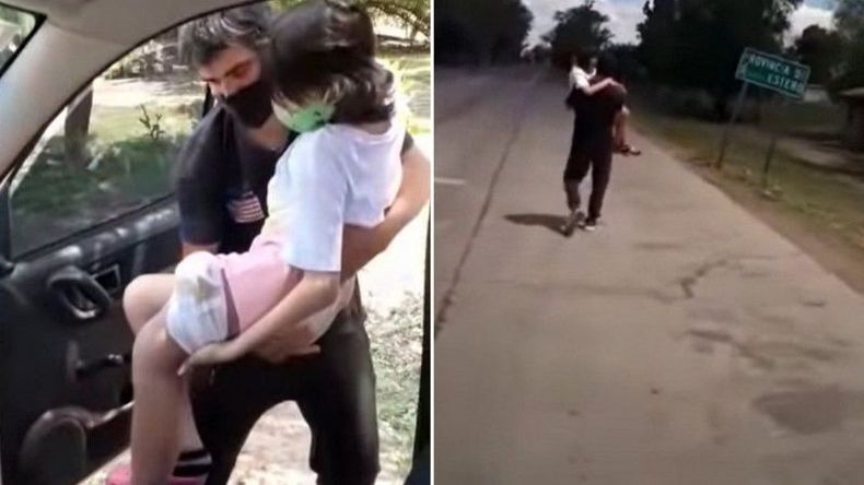 IMÁGENES DOLOROSAS Y VIRALAES. El papá de Abigail bajándola de auto y cargándola al no permitirles el ingreso a Santiago. .