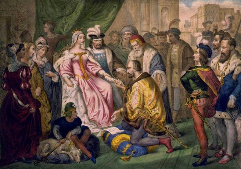 Colón ante los Reyes Católicos en una litografía del siglo XIX. (laaventuradelahistoria.es)..jpg