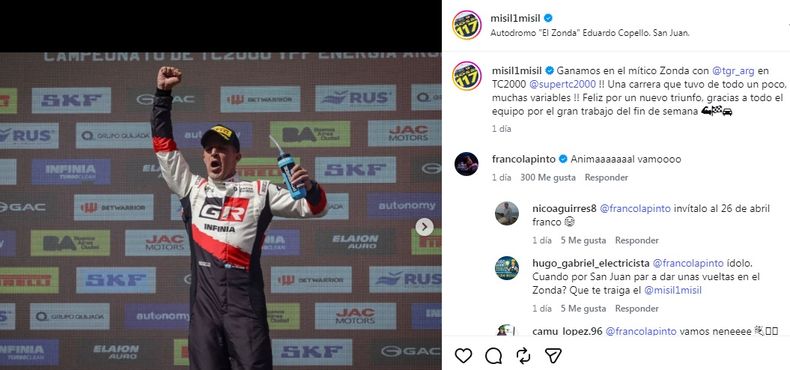 El comentario de Franco Colapinto en la publicación de Matías Rossi.