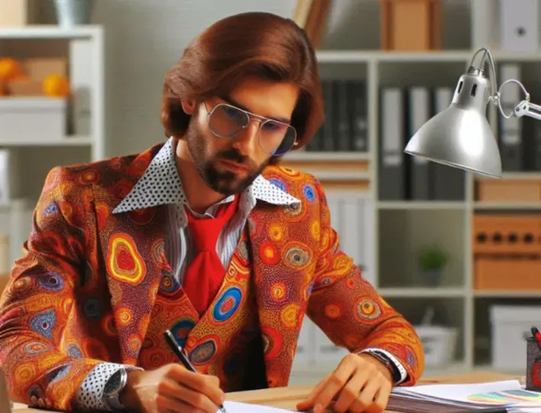 Hombre en la oficina vestido extravagante. (calendarr.com).