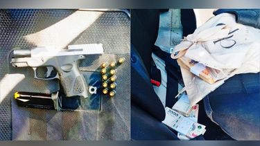 El arma secuestrada y los casi 8 millones de pesos en efectivo que llevaban los ladrones en su poder.&nbsp;