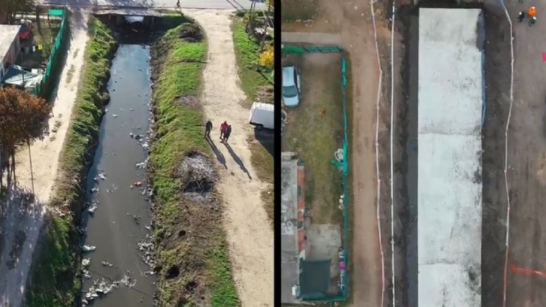 ANTES Y AHORA. Así cambió una de las zonas donde avanzó la obra del canal Agustoni..