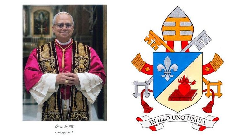 Foto oficial y Escudo del Papa León XIV. (Vatican News)..jpeg