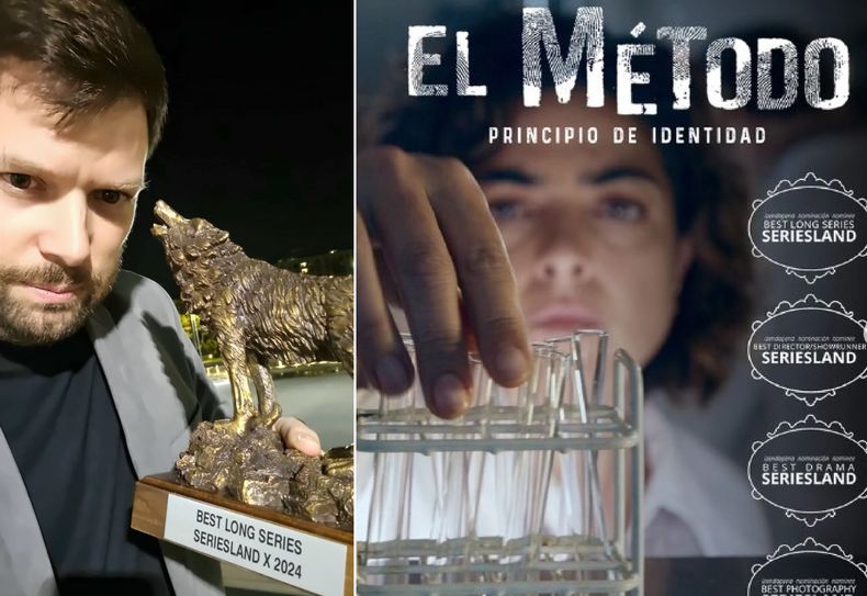 Mariano Minestrelli con la estatuilla por el premio obtenido en el Festivsal Seriesland, en el Pa&iacute;s Vasco.