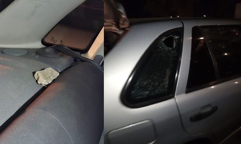La piedra rompió uno de los vidrios y quedó dentro del auto.