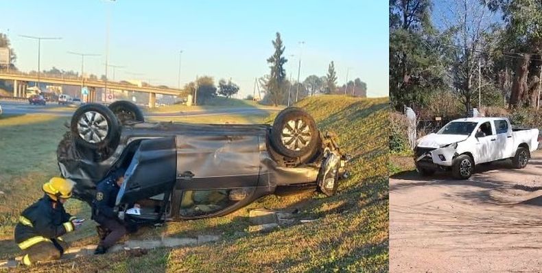 El VW Gol volcado y la camioneta que lo embistió desde atrás.