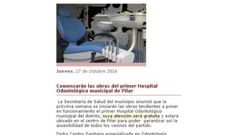 Comunicación oficial. El secretario de Salud del Municipio Carlos Kambourian, pidió que buscaran notas viejas para confirmar que estaba claro que habría prestaciones aranceladas en el Hospital Odontológico.Pero la propia página oficial de la Municipalidad, le jugó una mala pasada, ya que en la sección de Salud aún tiene una nota periodística en la que anuncia la apertura del nosocomio especificando que la “atención será gratuita”. El extenso artículo no aclara en ninguno de sus párrafos que habría prestaciones aranceladas..