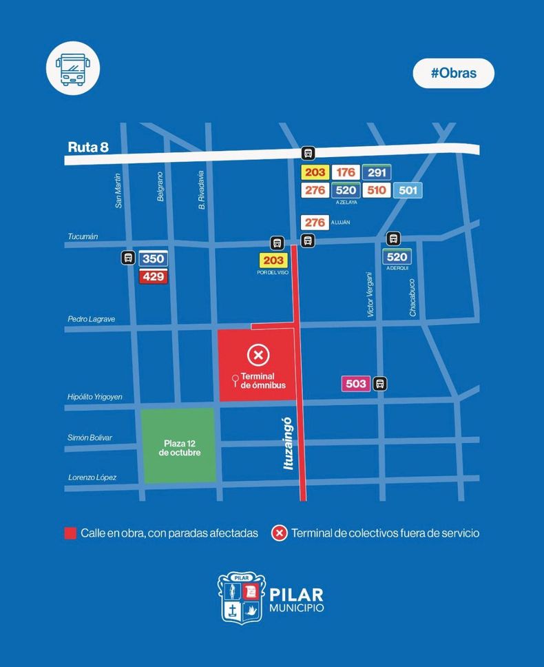 El nuevo esquema de paradas de colectivo provisorias.&nbsp;