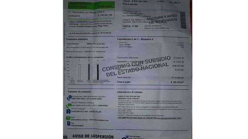 IMPAGABLE. Más de $106 mil pesos en una factura de luz..