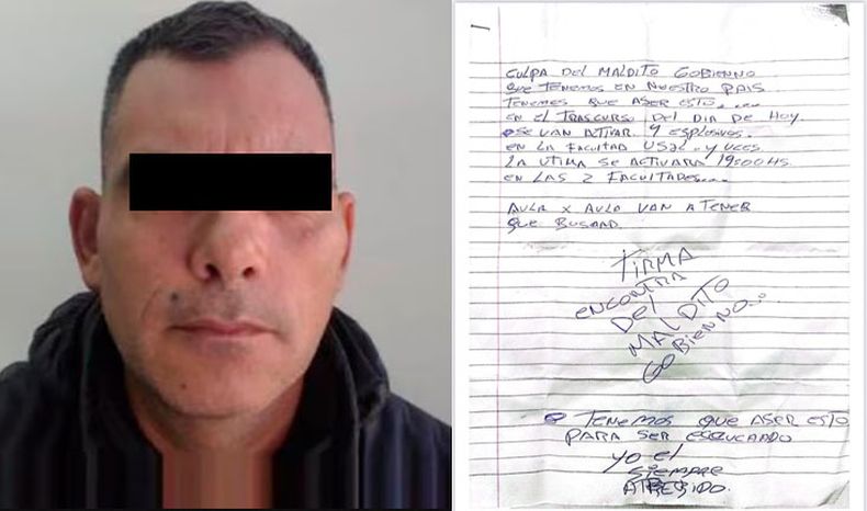 Salomón tiene 45 años y fue detenido en su casa de Zárate. A la derecha, la nota que en julio había dejado en el baño de la USAL.&nbsp;