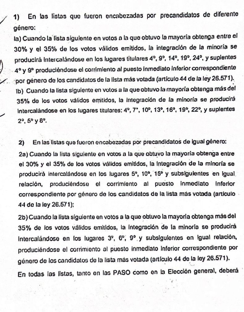 El reglamento que establece la forma en la que se intercalarán los candidatos de las listas que disputaron la interna.&nbsp;