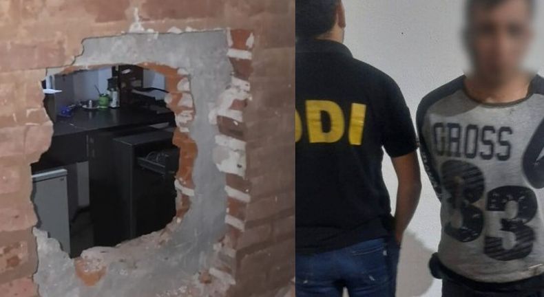 El boquete realizado por los delincuentes y el hasta ahora único detenido.