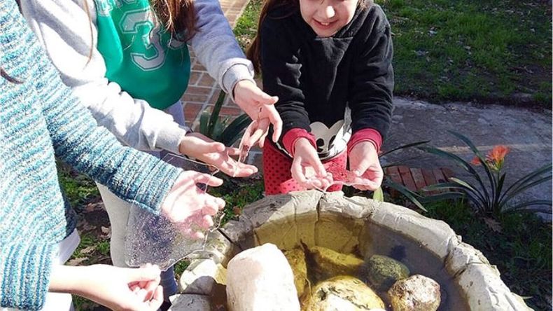 JUEGO. Chicos en Pilar, manipulan un trozo de escarcha..