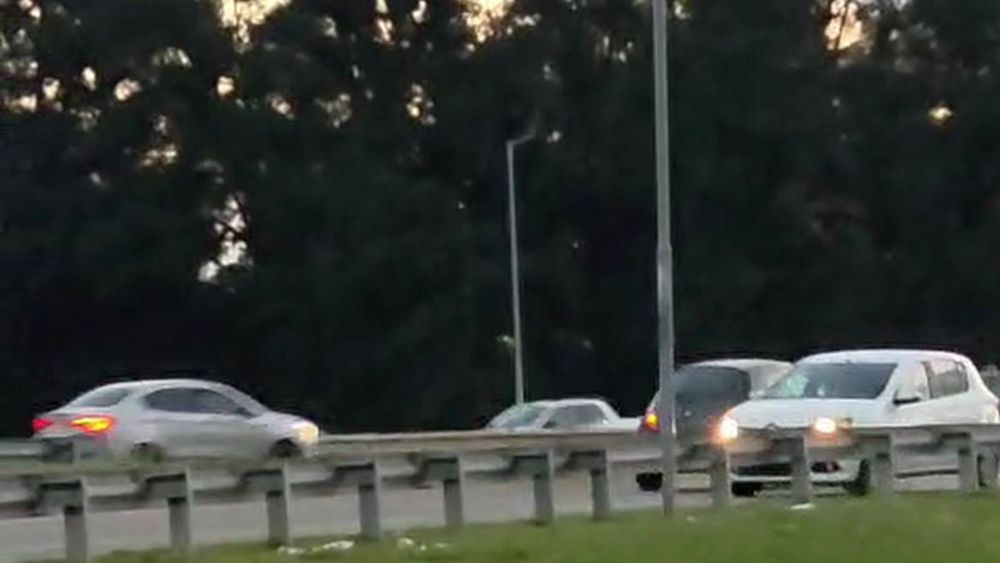 El Renault Sandero blanco circulando a contramano en el kilómetro 50 de la Panamericana.