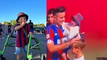Lolo Hernández, en la cancha y en brazos de Malcom Braida, capitán de San Lorenzo.