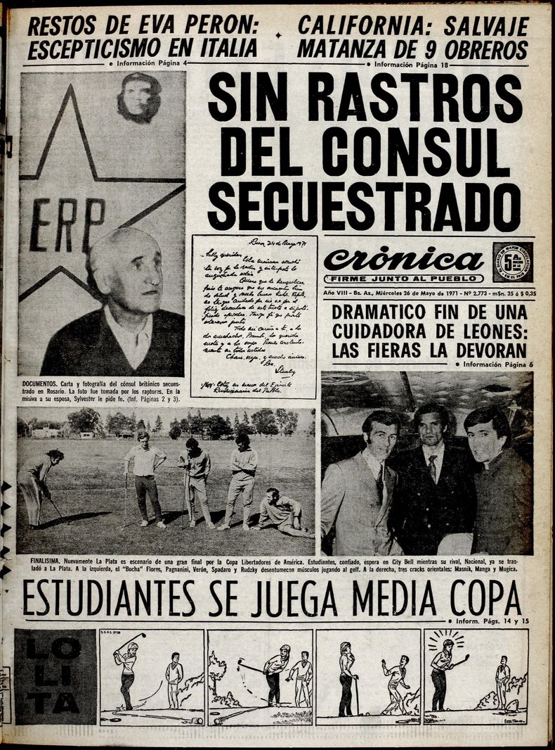La tapa de Cr&oacute;nica del 26 de mayo de 1971, con la noticia de lo ocurrido en Arco Iris.