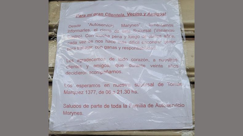 Un comercio de varios años en Pilar cierra sucursal. Motivo: no encuentra gente para trabajar en atención al cliente -cajero/a-. Maria Eugenia / @UgEnia10.
