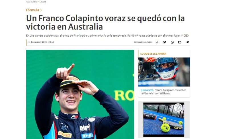 Franco Colapinto con la victoria en Australia de la Fórmula 3.