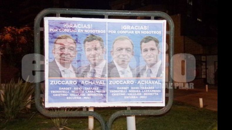 GRACIAS. Anoche, el zuccarismo tapizó Pilar con afiches de agradecimiento a los votantes que le dieron el triunfo..