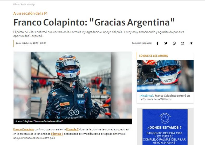 Franco Colapinto emocionado anunciaba su llegada a la Fórmula 2.