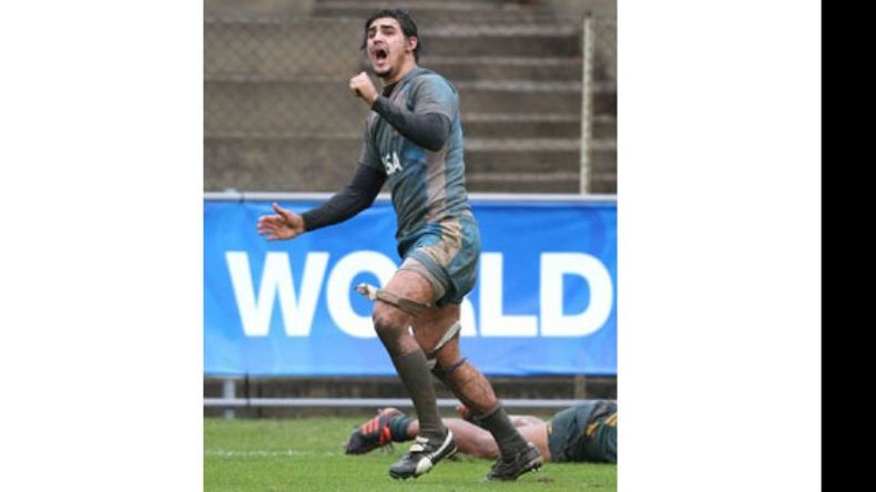 El grito de Matera. El ala de Alumni celebra su try ante Australia en el histórico triunfo en el Mundial Sub 20 de Sudáfrica. Los Pumitas juegan el martes frente a Escocia..