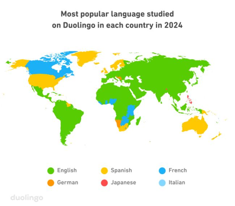 Mapa de los idiomas más estudiado en cada país en 2024. (msn.com). png