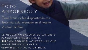 Piden dadores de sangre para un nene con leucemia