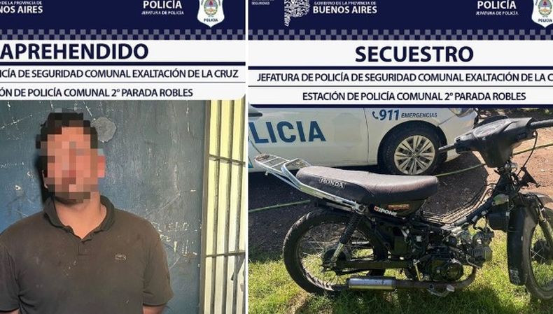 El conductor y la moto que había sido robada en Presidente Derqui.