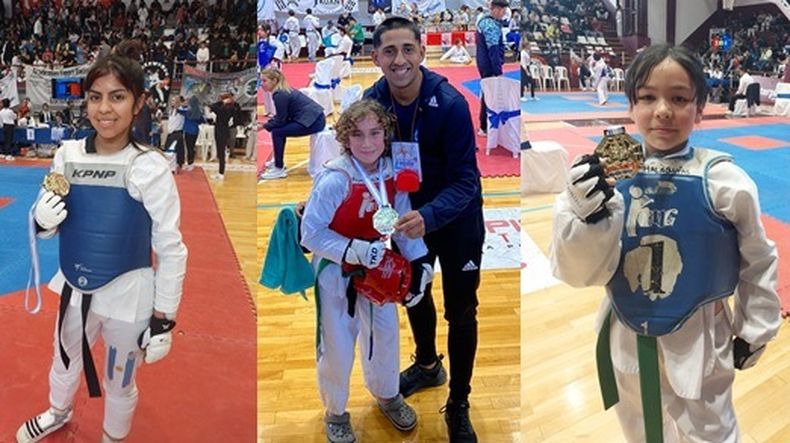 CAMPEONES. Guadalupe Cejas, Ignacio Duarte -junto al profesor Damián Malaquías- y Morena Naf, con sus medallas.