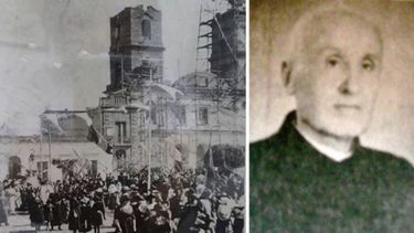 INCONCLUSA. La parroquia, antes de finalizarse la segunda torre. Foto: Graciela Labarbera. PRESBÍTERO. Braschi estuvo en Pilar entre 1920 y 1953..