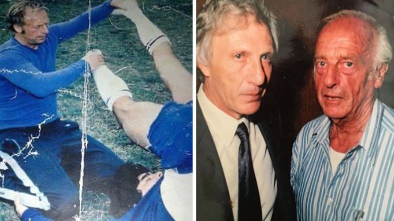 ENTRE LOS GRANDES. Carlos Fontana entrenando a Maradona en Boca y junto a José Pékerman..