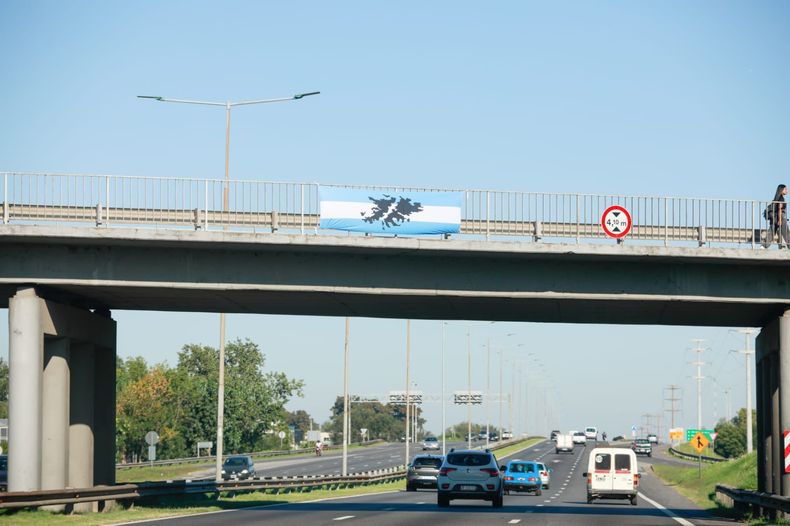 SON ARGENTINAS. Las banderas, en cada uno de los puentes de Panamericana.