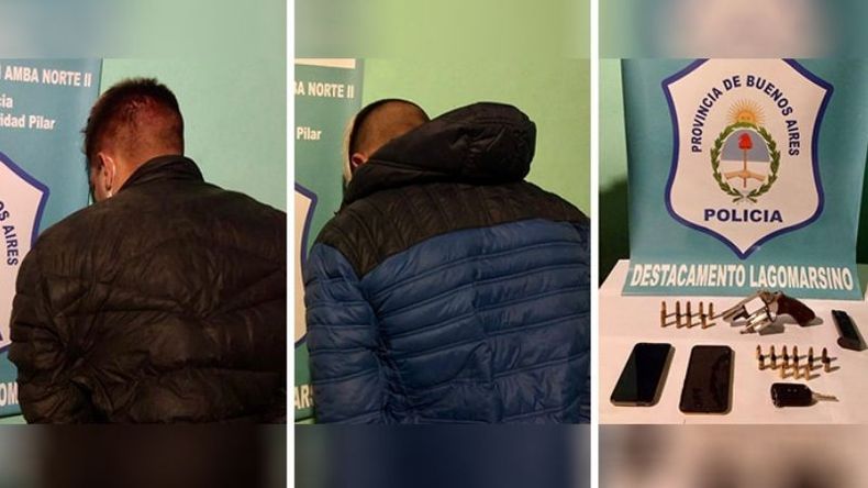 OPERATIVO CERROJO. Dos de los tres detenidos y una de las armas incautadas. .