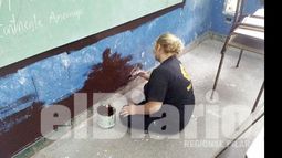 Manos a la obra. Una de las vecinas, en plena tarea de pintar un aula..