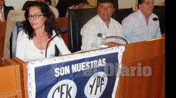Alfaya adornó su banca con un afiche que festejó la nacionalización de YPF..